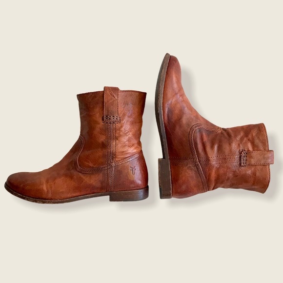 Frye Anna Short Cognac Leather Pull On Cute Boots - Picture 16 of 16